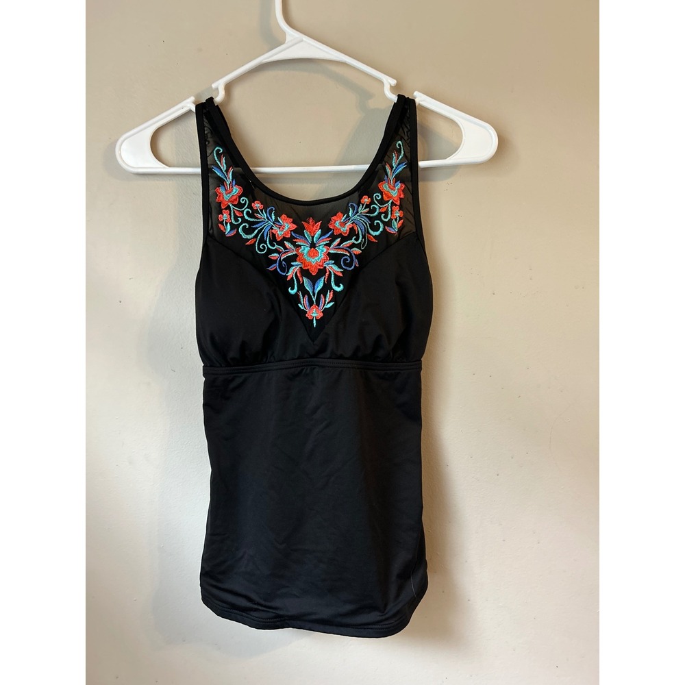 Y2kAPT.‎ 9 Black Embroidered Tankini Swim Top Crisscross Back Built-In Bra